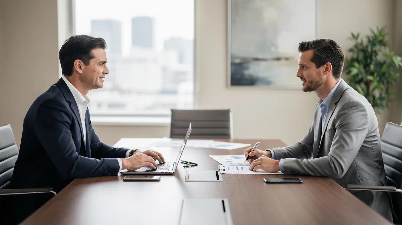 The image shows two business professionals engaged in a discussion while sitting across from each other at a desk, likely discussing strategies related to dental billing services and practice management. Their focused expressions suggest a collaborative effort to enhance operational efficiency in the dental industry.
