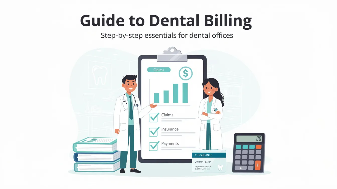 The image depicts a comprehensive guide to dental billing, showcasing various aspects of dental billing services, including insurance claims, patient billing, and the billing process for dental practices. It emphasizes the importance of efficient revenue cycle management and the role of dental billing companies in ensuring financial stability for dental offices.
