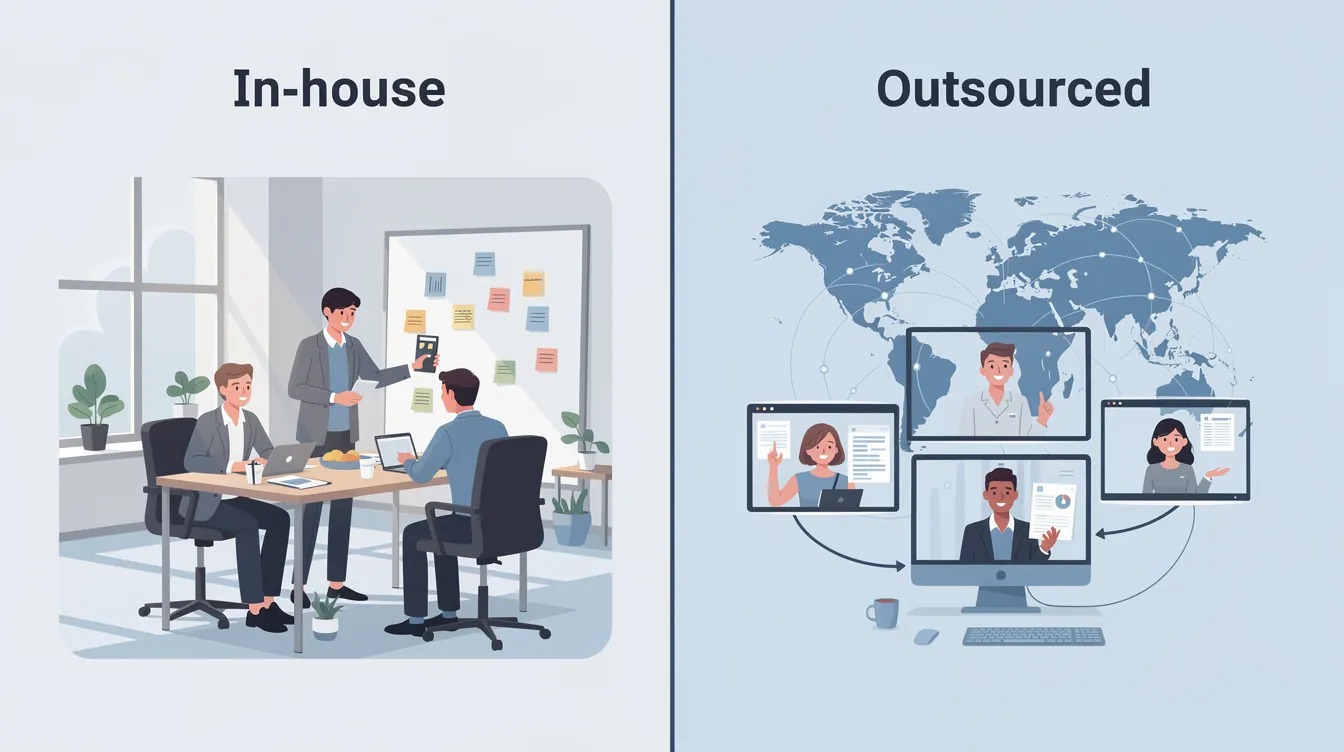 The image contrasts in-house billing and outsourced billing in dental practices, highlighting key aspects such as patient billing, insurance claims, and cash flow management. It features visuals representing both models, emphasizing the benefits and challenges each approach presents for dental professionals and their administrative tasks.