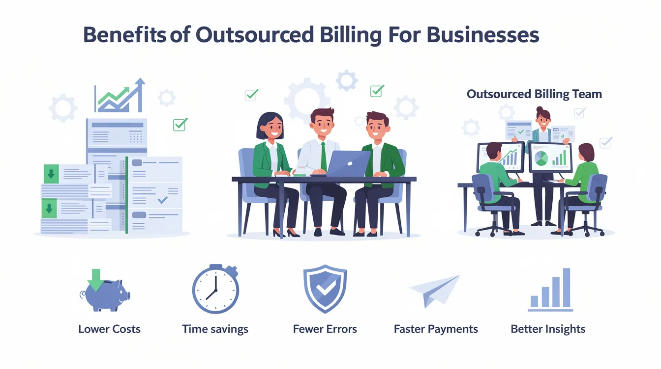 The image illustrates the benefits of outsourced billing, showcasing a healthcare provider discussing with a medical billing specialist. This partnership highlights how outsourcing medical billing can enhance revenue cycle management, reduce billing errors, and improve patient satisfaction, ultimately allowing healthcare organizations to focus on delivering quality patient care.