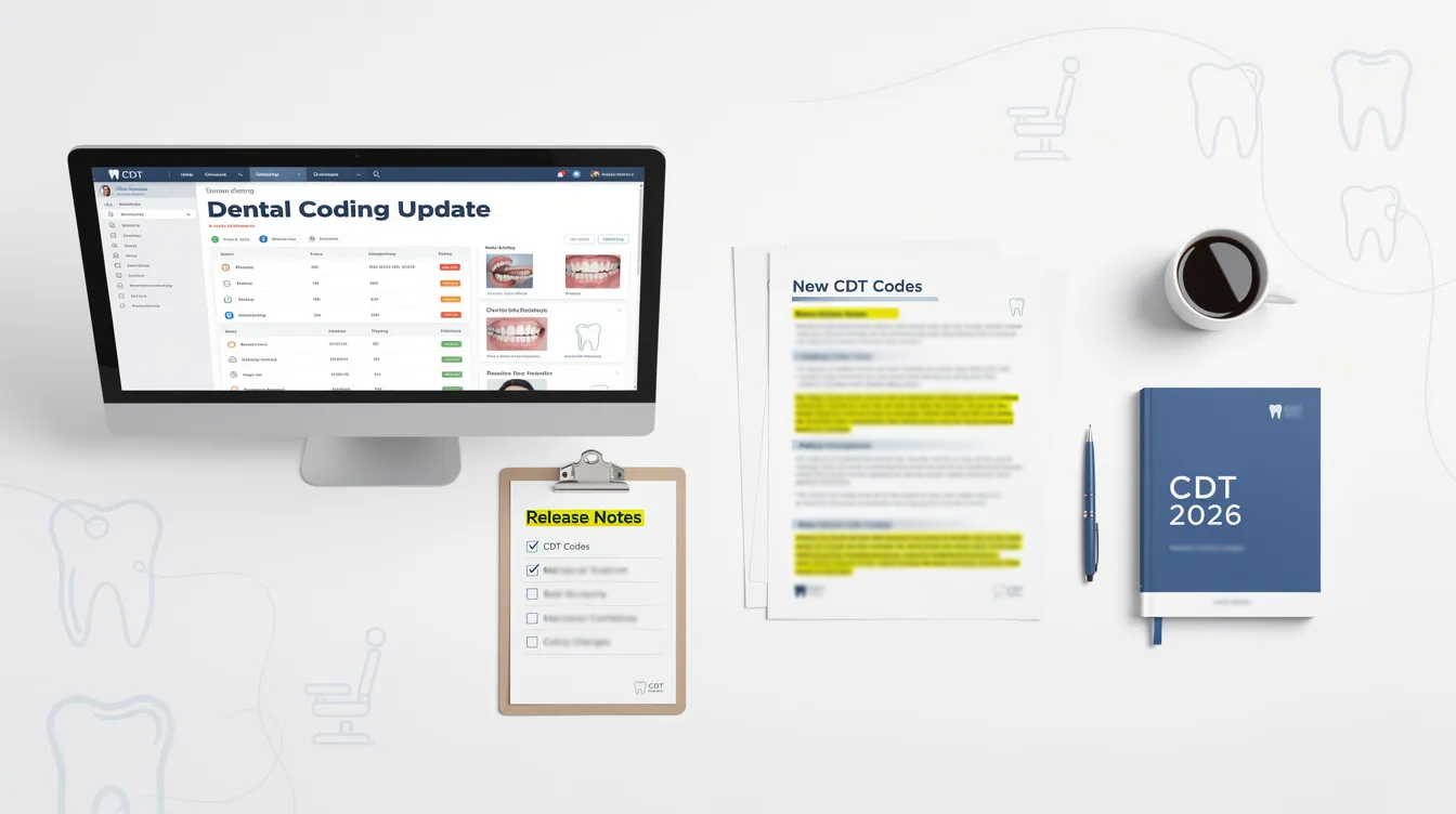 The image depicts a release note for a dental coding update, highlighting changes and guidelines from the American Dental Association. It includes information on accurate dental codes for various procedures such as comprehensive oral evaluations, periodontal scaling, and dental billing practices to ensure proper documentation and minimize claim denials.