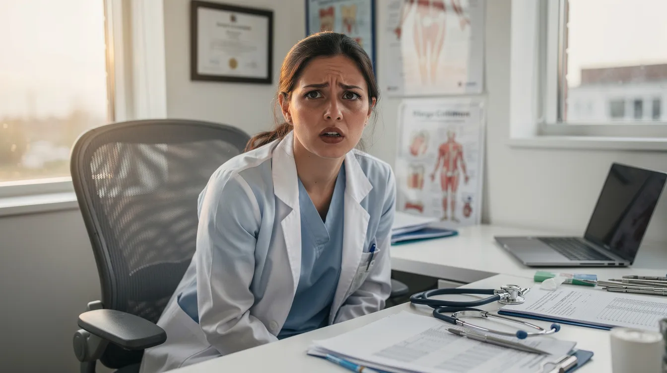 A dentist sits at her desk, looking confused and exhausted, surrounded by paperwork related to the dental billing process and insurance claims. The image reflects the challenges faced by dental professionals in managing patient billing, claim submissions, and maintaining financial health within their practice.