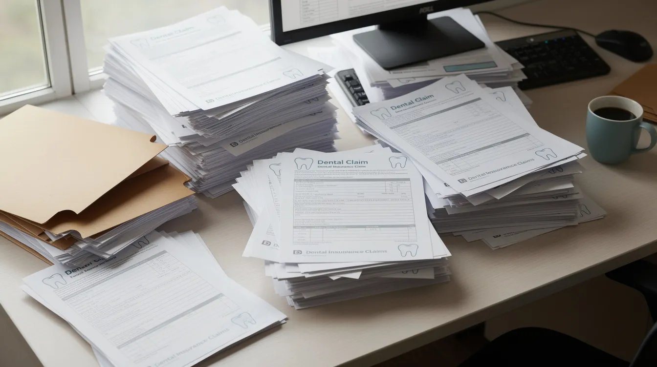 The image shows a cluttered desk covered with outstanding dental claims, including various dental claim forms and supporting documentation related to dental services and insurance. This scene highlights the administrative side of managing dental benefits and the importance of timely submission for efficient processing by the insurance company.