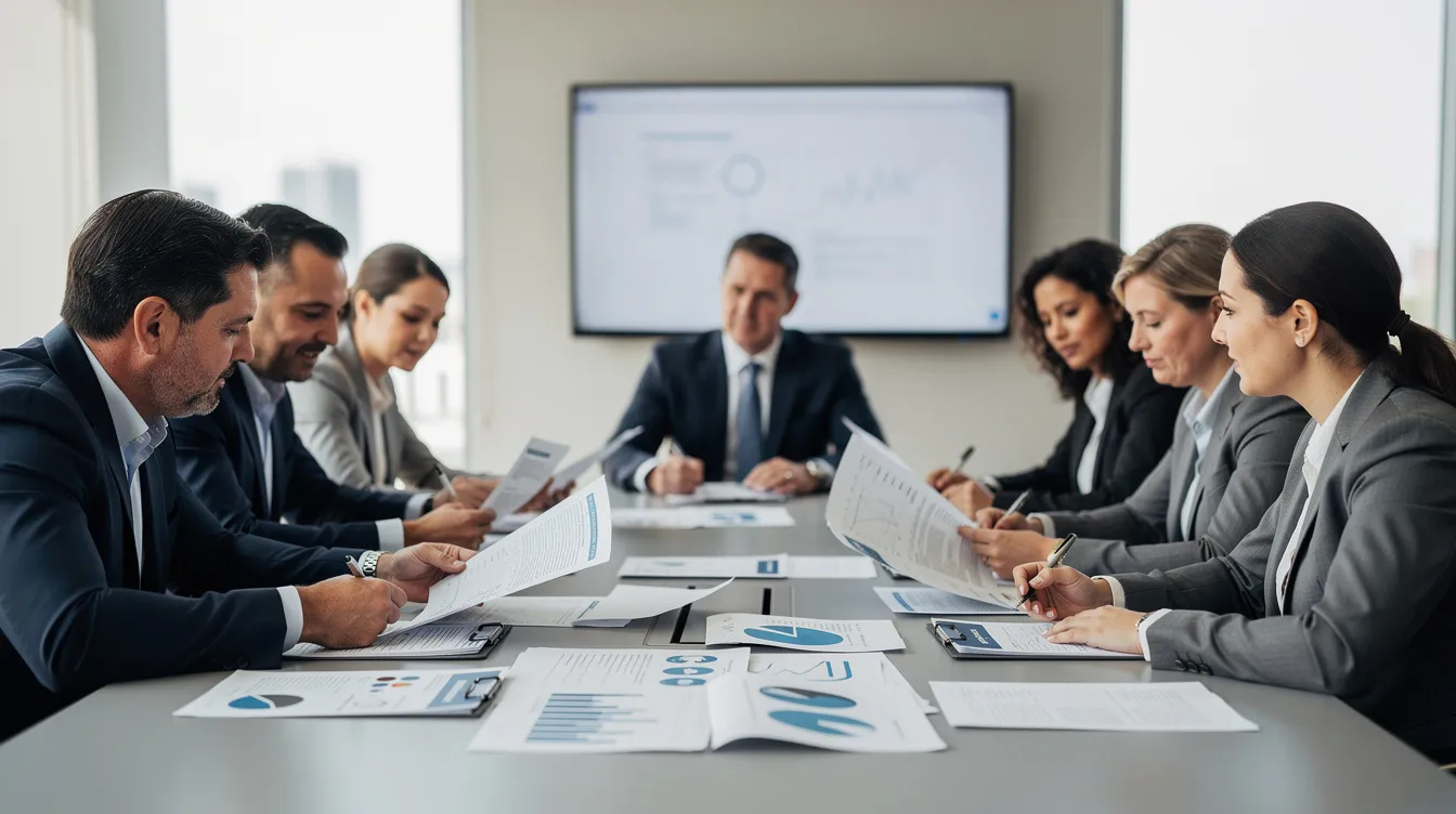 A group of dental service organization professionals is gathered around a meeting table, reviewing various documents related to dental billing and practice management. They appear engaged in discussions about improving patient satisfaction and streamlining billing operations for better financial health in dental practices.