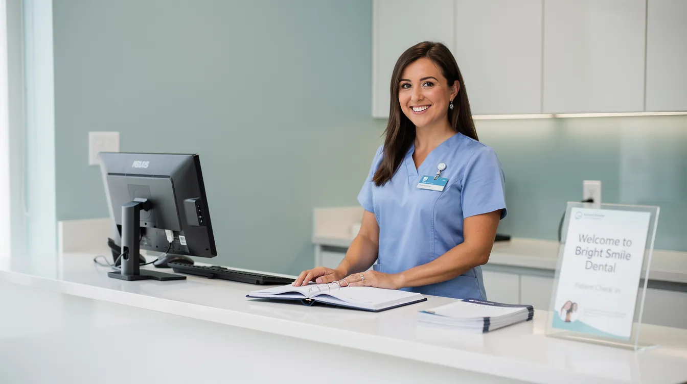 The image depicts a front desk dental employee at a dental practice, efficiently managing patient communications and insurance information. The employee is focused on ensuring a smooth dental billing process and enhancing patient satisfaction in the dental office.