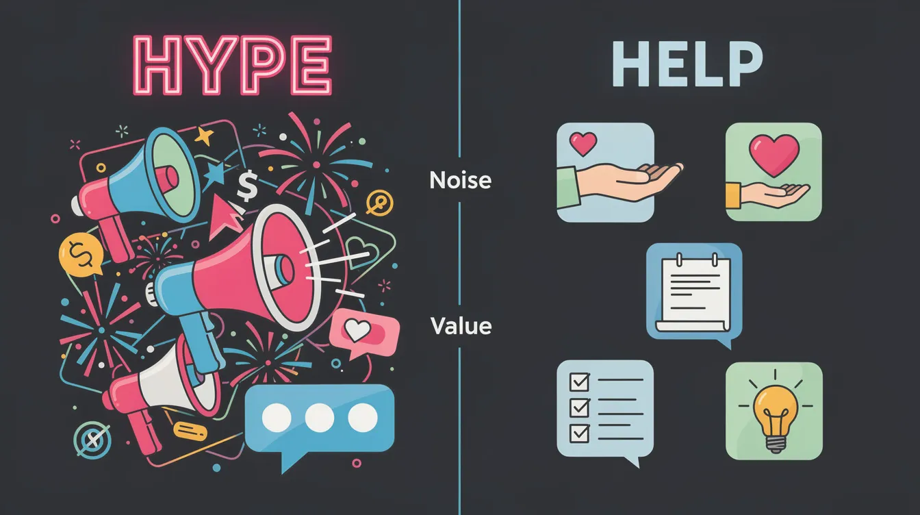 The image contrasts the concepts of "hype" and "help" in the context of dental practice management, highlighting the importance of effective dental billing processes and patient billing for financial health. It visually emphasizes how proper management of insurance claims and patient payments can enhance patient satisfaction and streamline operations in dental offices.