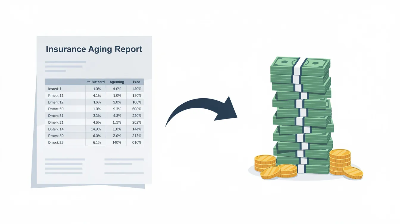 The image depicts an "Insurance Aging Report" featuring an arrow pointing towards a stack of money, symbolizing outstanding claims and cash flow management for insurance companies. This visual emphasizes the importance of tracking past due accounts and payments related to insurance and dental claims.