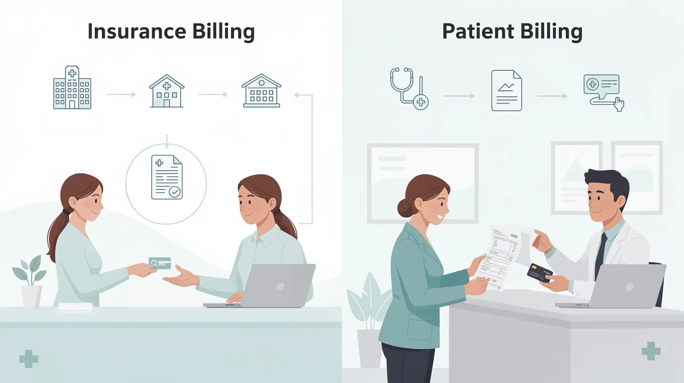 The image illustrates the difference between insurance billing and patient billing in a dental practice, highlighting the complexities of the billing process, including insurance coverage, claims submission, and out-of-pocket costs for patients. It emphasizes the importance of understanding insurance information and the financial health of both the practice and patients during dental procedures.