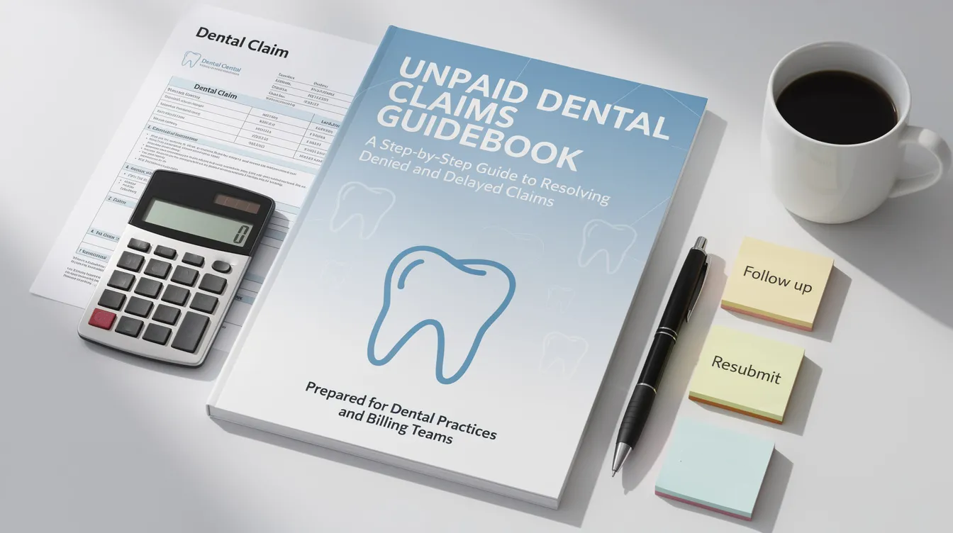 The image depicts a guidebook on unpaid dental claims, featuring a cover with illustrations of dental tools and a checklist for submitting claims. This resource aims to assist dental professionals and office managers in navigating the claims process, ensuring they understand dental insurance plans, covered services, and the necessary supporting documentation for successful claim submissions.