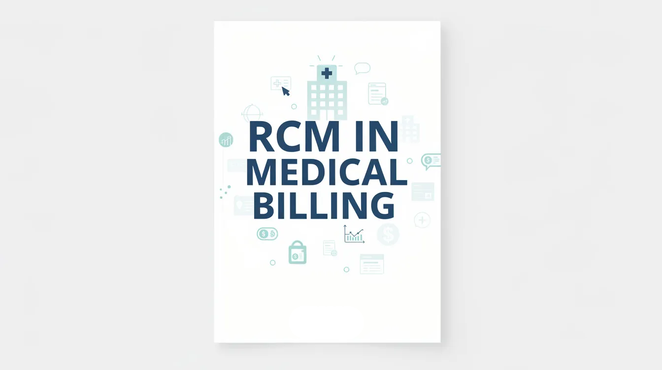 The image features a guidebook titled "RCM in Medical Billing," which focuses on revenue cycle management in healthcare organizations. It covers essential topics such as patient billing, insurance verification, and the overall financial health of healthcare providers.