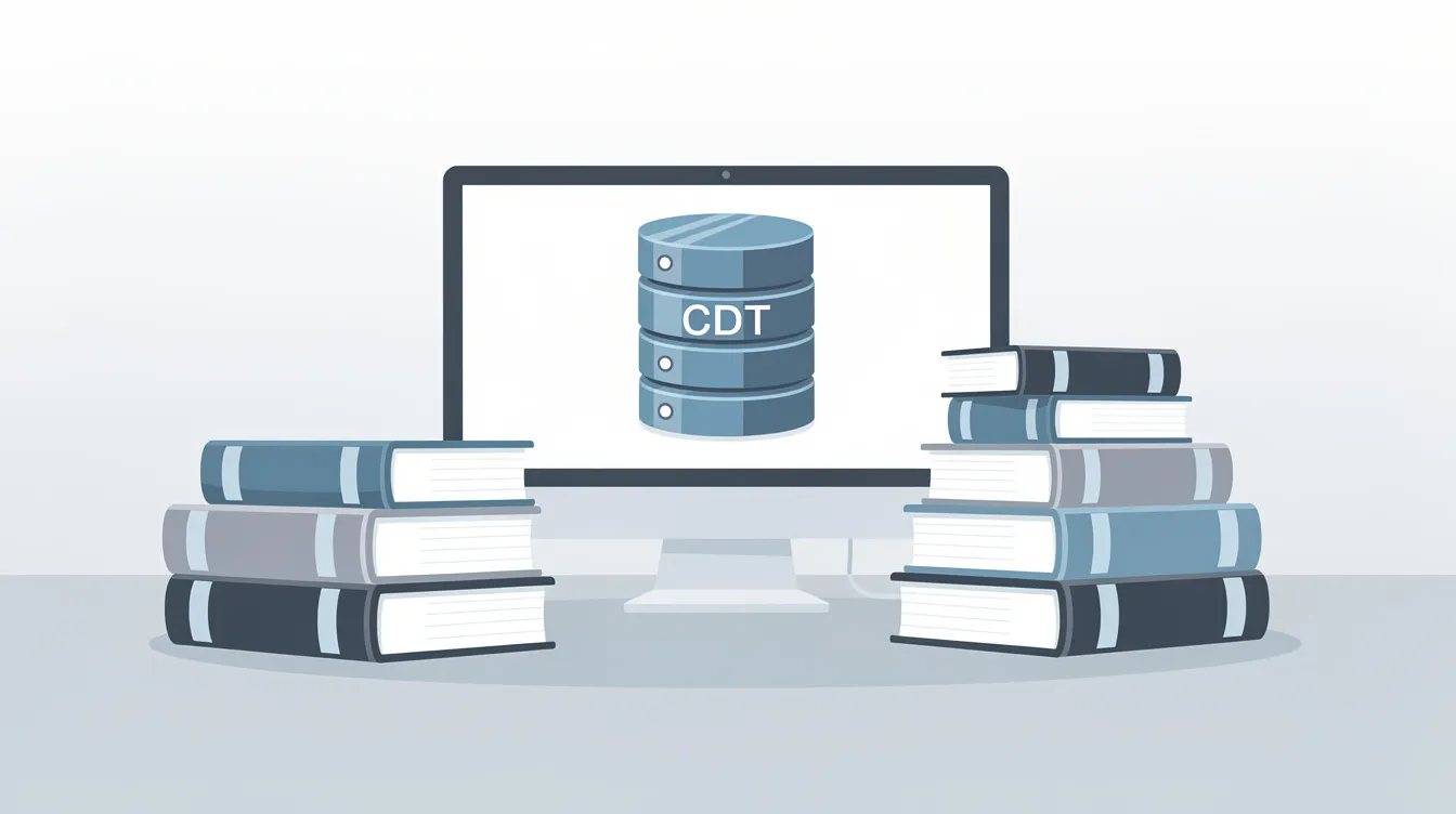 The image features a graphic of a computer database labeled "CDT" alongside a stack of thick books on both the floor and a desk, symbolizing valuable resources for dental professionals. The setting suggests a focus on comprehensive evaluations, including topics like periodontal disease and tooth decay.