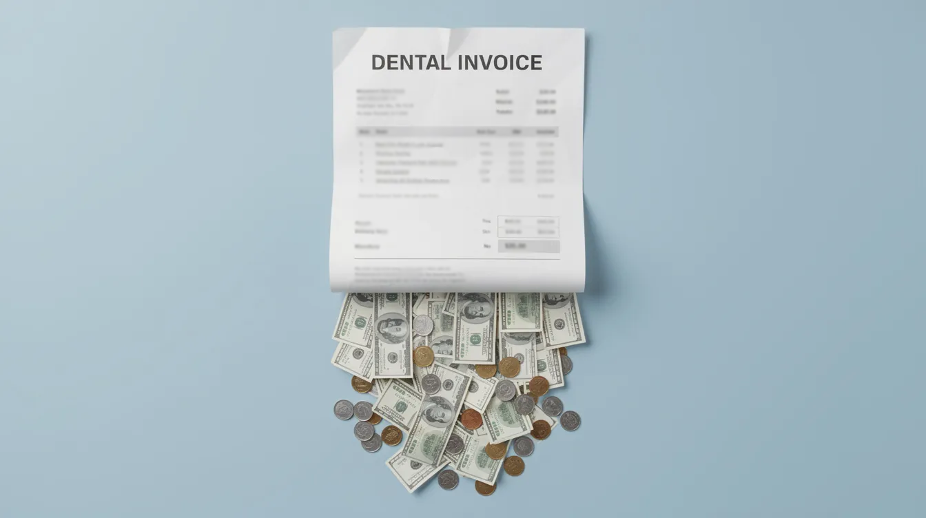 The image depicts money visibly leaking out of a dental bill, symbolizing the high costs associated with dental procedures such as wisdom teeth removal and dental implants. This visual representation highlights the financial stress patients may experience when dealing with dental billing and insurance verification at dental offices.