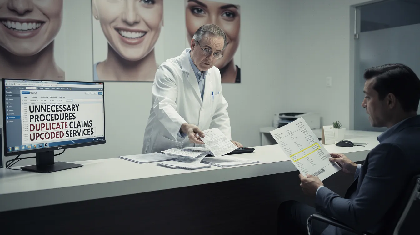 The image depicts a dental office environment where a billing team is discussing common dental billing mistakes and the importance of accurate coding in the dental billing process. They are reviewing treatment plans and insurance verification to ensure compliance and reduce the risk of claim denials.