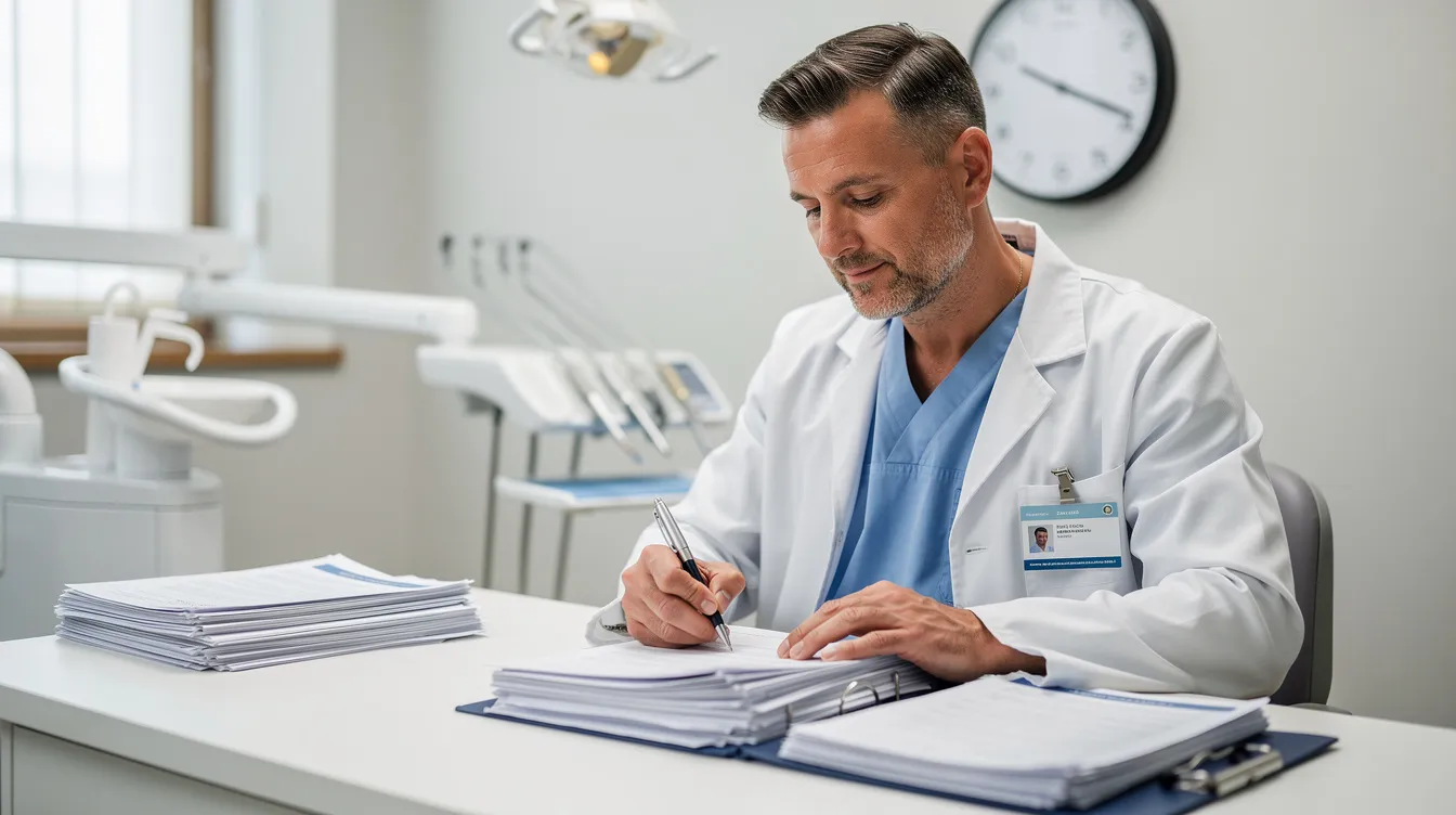 A dentist is seated at a desk, focused on completing paperwork related to dental billing, with a clock visible on the wall behind him, indicating the importance of time management in the dental office. This scene reflects the professional environment where dental services and insurance claims are carefully managed for optimal patient care and compliance.