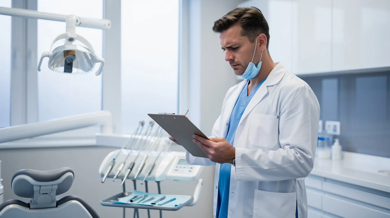 A dentist is intently reading a clipboard filled with patient information, likely reviewing details related to dental procedures and billing processes. This scene highlights the importance of accurate coding and documentation in ensuring compliance with dental insurance requirements and streamlining the dental billing process.