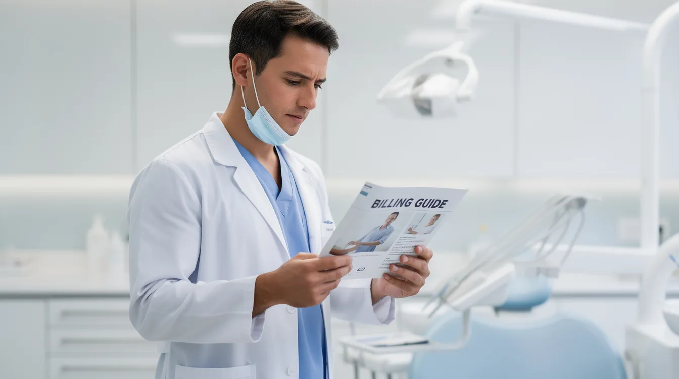 A dentist is seated at a desk in a dental office, intently reading a pamphlet titled "Billing Guide," which likely contains important information about the dental billing process and insurance coverage for dental services. The scene emphasizes the importance of understanding billing practices to ensure accurate and timely payment for dental procedures.