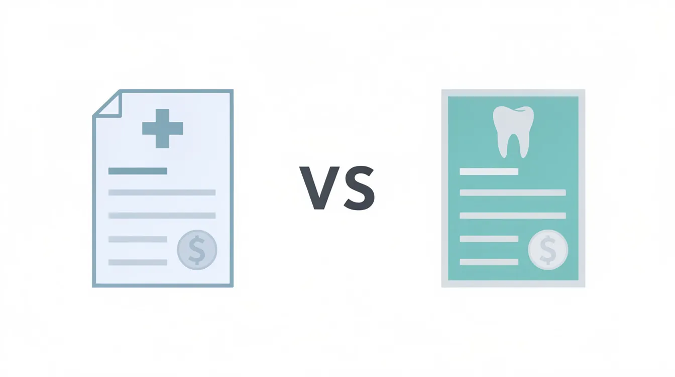 The image depicts a comparison of a medical bill on the left, with "VS" in the center, and a dental bill on the right, illustrating the differences between medical billing and dental billing. This visual highlights the distinct aspects of medical and dental coverage, emphasizing the importance of understanding both medical and dental services for proper documentation and claim submission.