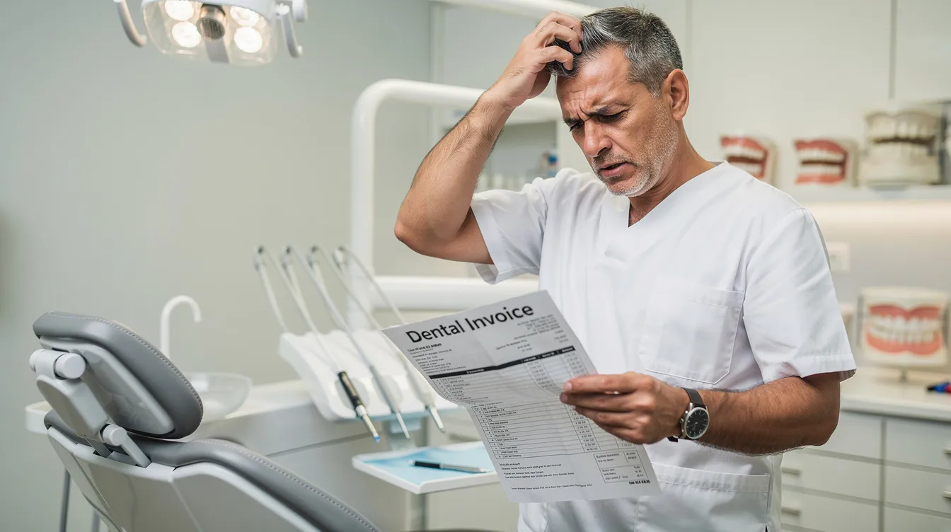 An orthodontist is scratching their head in confusion while examining a detailed bill, likely related to the orthodontic billing process. The scene captures the challenges faced in understanding insurance payments and verifying coverage for comprehensive orthodontic treatment.
