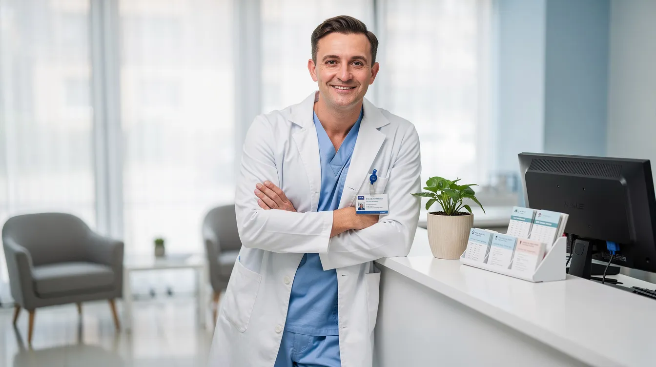 A relaxed dentist is seated at the front desk of a dental office, engaging with patients and managing administrative tasks related to dental billing and insurance verification. The atmosphere conveys a sense of patient care and satisfaction, highlighting the importance of efficient billing services in maintaining the practice's financial health.