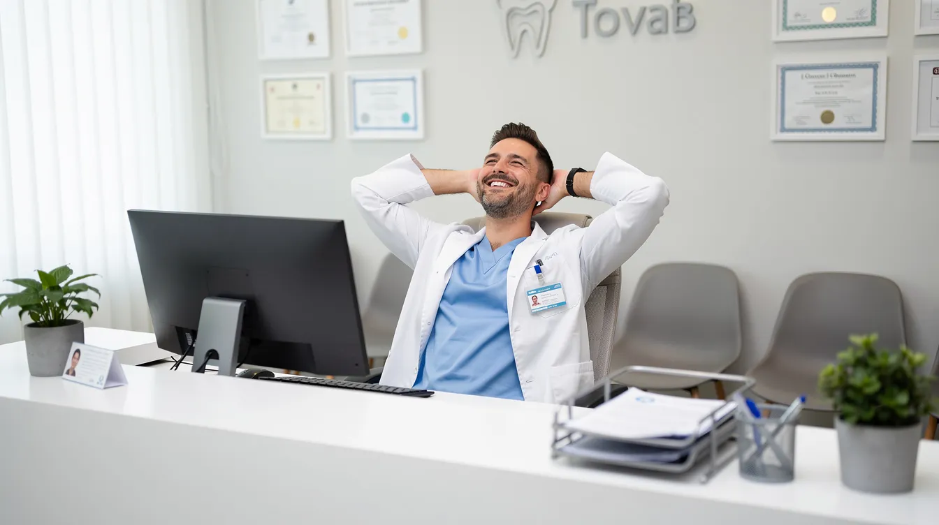 A male dentist is seen at the front desk of a dental office, relaxing with his head leaned back and hands behind his head while smiling. This scene captures a moment of patient satisfaction in the dental practice, highlighting the importance of a comfortable environment for both providers and patients.
