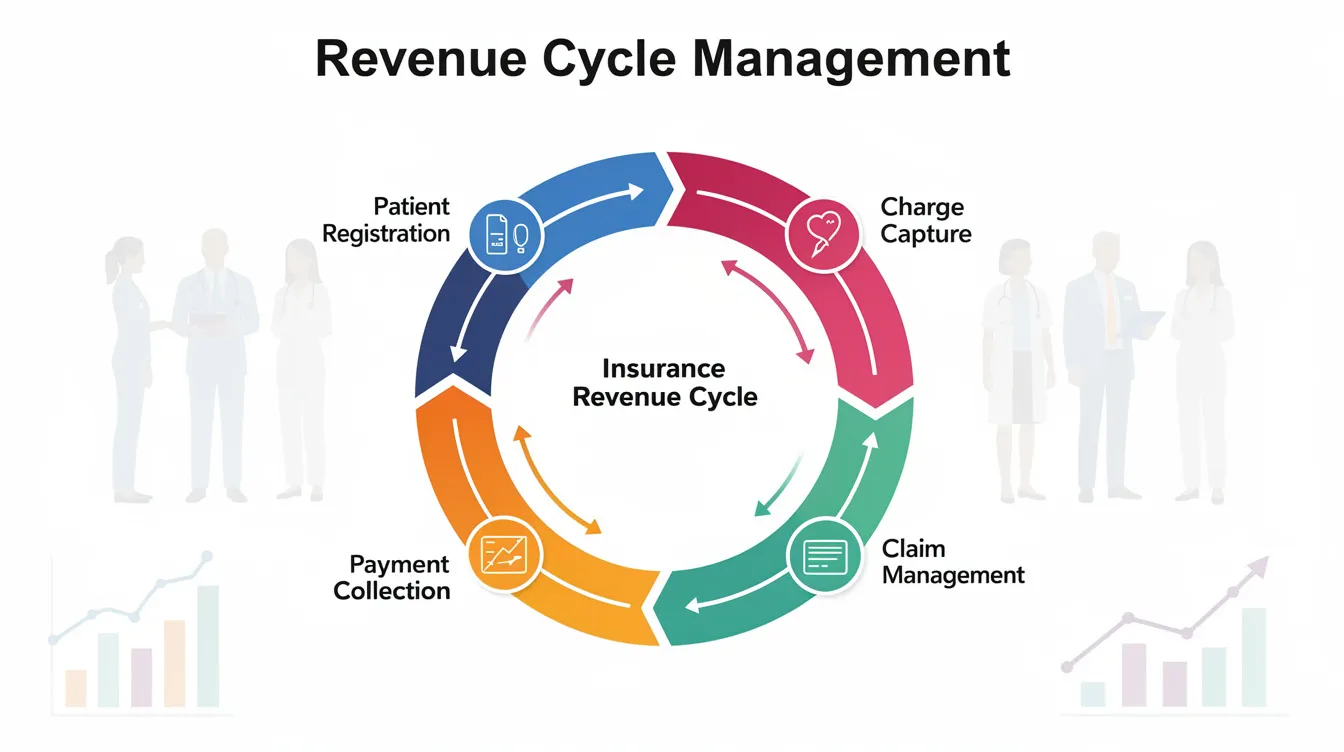 The image depicts a graphic representation of the revenue cycle management process in healthcare, illustrating key components such as patient registration, medical billing, insurance verification, and claims denial management. This visual emphasizes the importance of timely reimbursement and financial stability for healthcare providers and organizations.