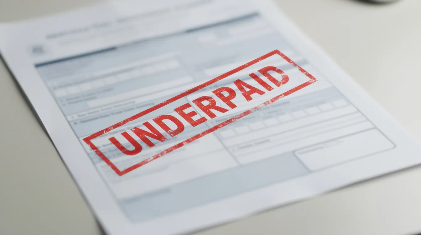 a blurred dental insurance claim with no visible text and a big red "UNDERPAID" stamp on it